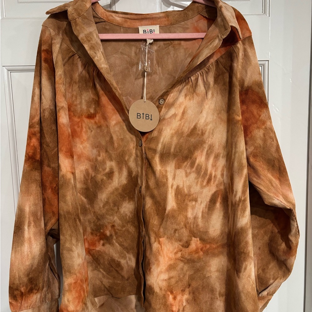 BiBi Women's Corduroy Tie-Dye Button Down - Brown and Orange
